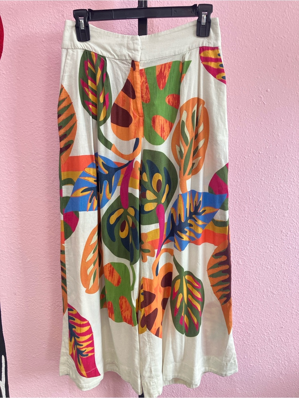 FARM Rio Cream Tropical Palm Leaf Wide-Leg Crop Pants Size Small